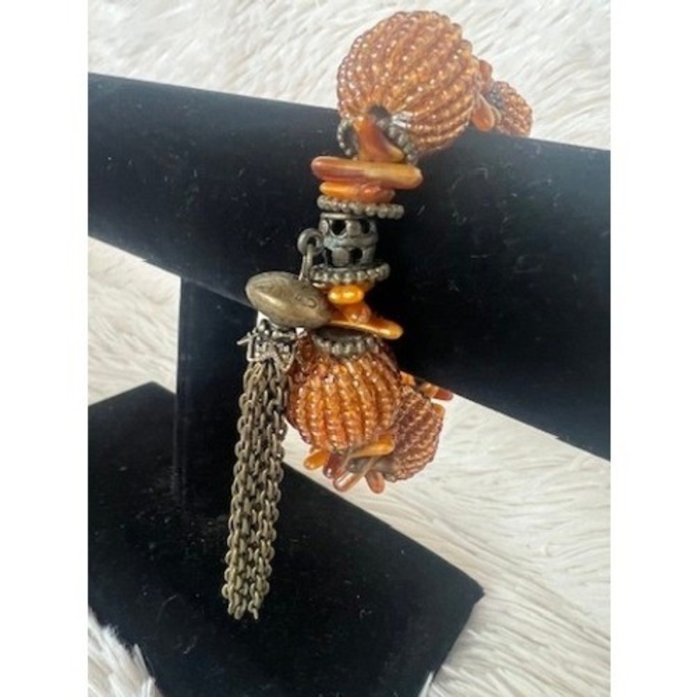 Beaded Tassel‎ Stretch Bracelet  Amber Bronze Boho Chic Eclectic Earthy Artisan